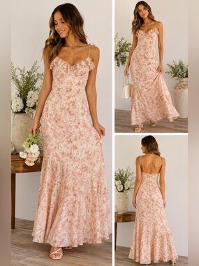 Lulus Floral Maxi Dress NWT Small Blush Pink Ruffle Tiered Cottagecore Wedding